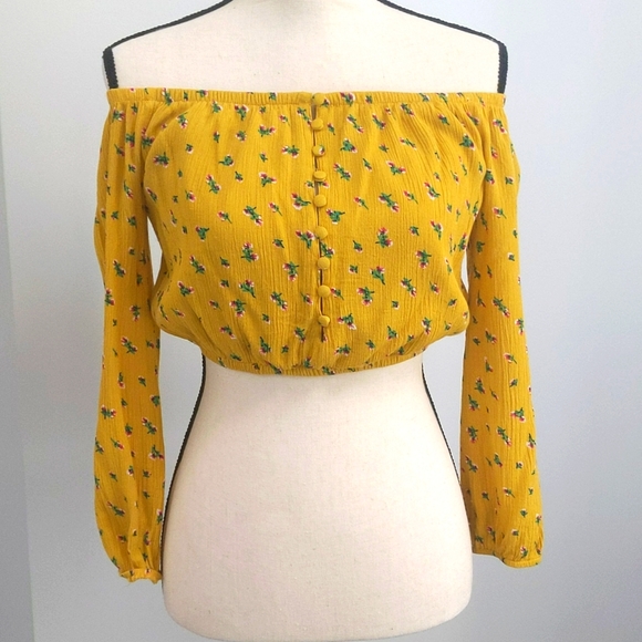 LA Hearts — Yellow Long Sleeve Flowery Crop Top - Size S - Picture 10 of 11